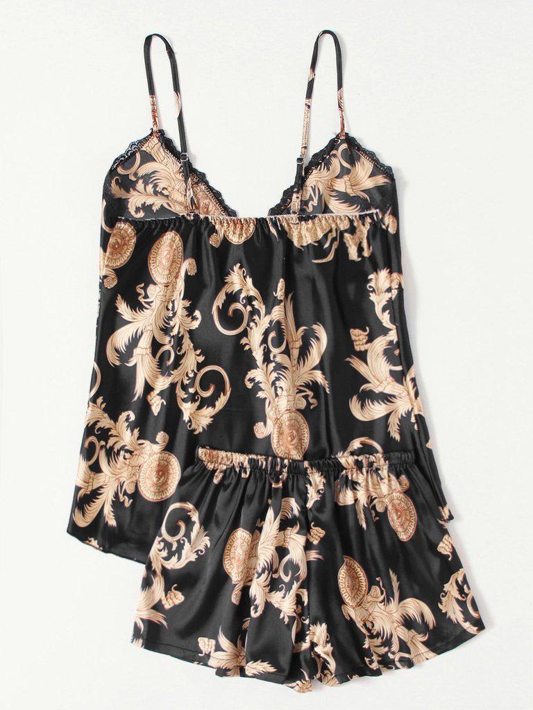 Graphic Print Satin Pajama Set-loungewear-Des Mess