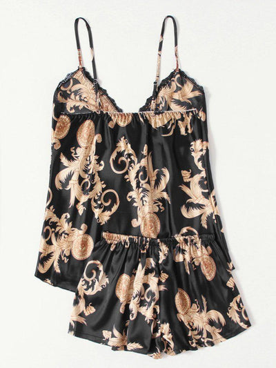 Graphic Print Satin Pajama Set-loungewear-Des Mess