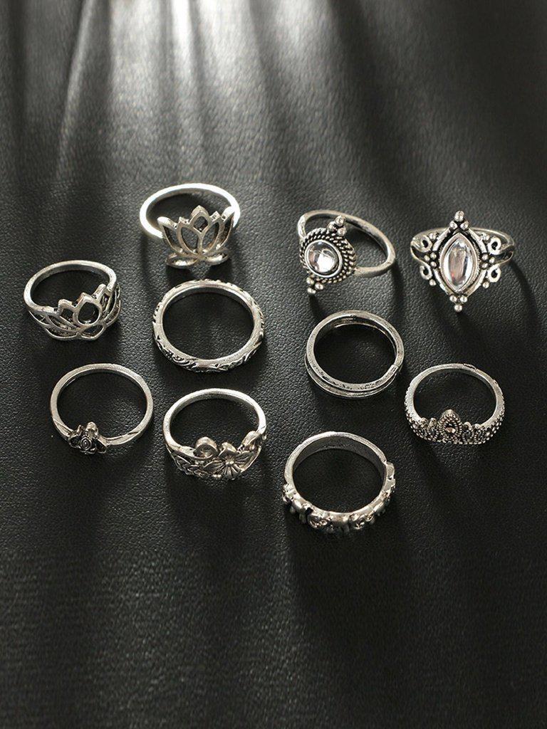Flower Detail Gemstone Rings Set 10pcs-jewelry-Des Mess