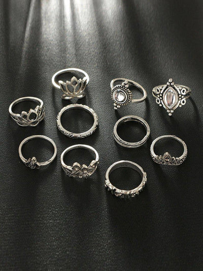 Flower Detail Gemstone Rings Set 10pcs-jewelry-Des Mess