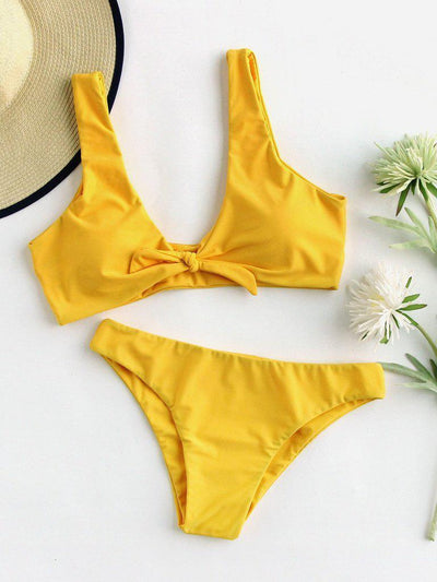 Bow Tie Front Plunge Neckline Bikini Set-swimwear-Des Mess