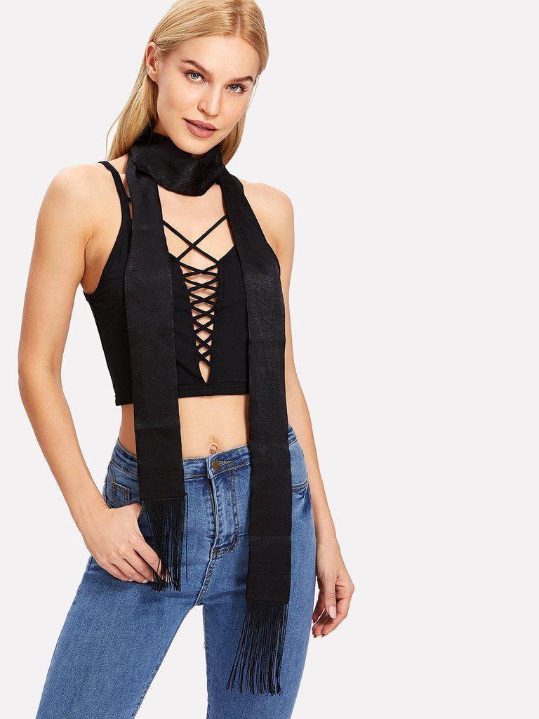Fringe Trim Skinny Scarf-accessories-Des Mess