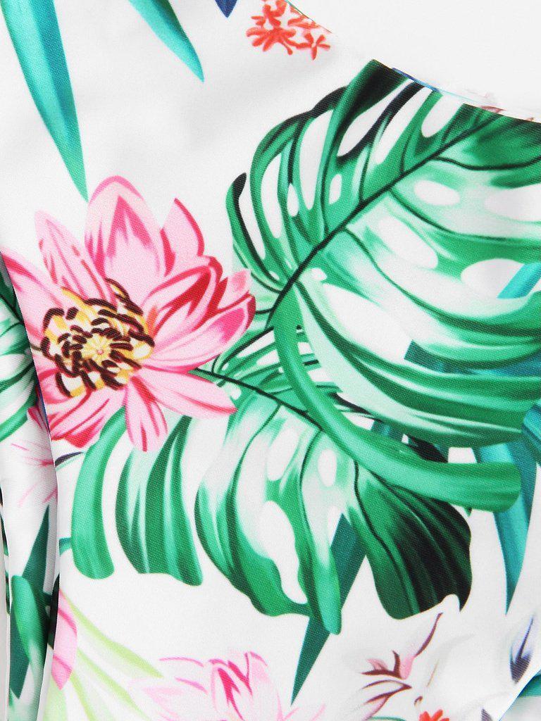 Tropical Print Frill Trim Shirred Bikini Set-swimwear-Des Mess