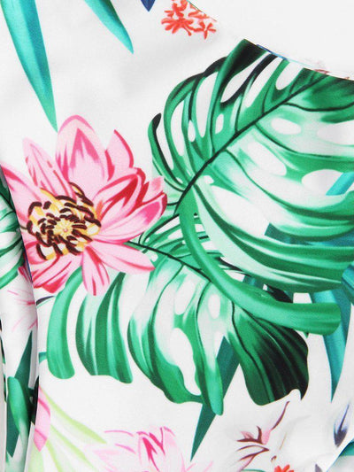 Tropical Print Frill Trim Shirred Bikini Set-swimwear-Des Mess