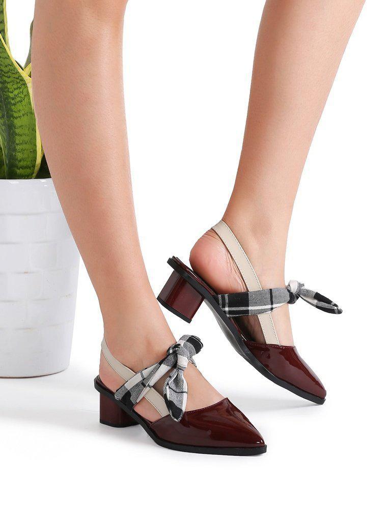 Burgundy Plaid Tie Patent Leather Chunky Heel Pumps-shoes-Des Mess