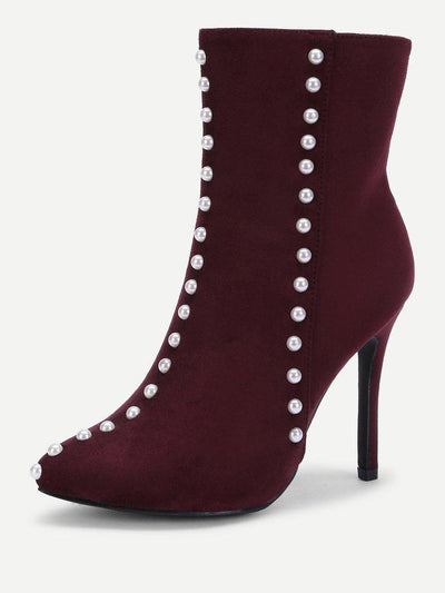 Faux Pearl Decorated Side Zipper Stiletto Boots-shoes-Des Mess