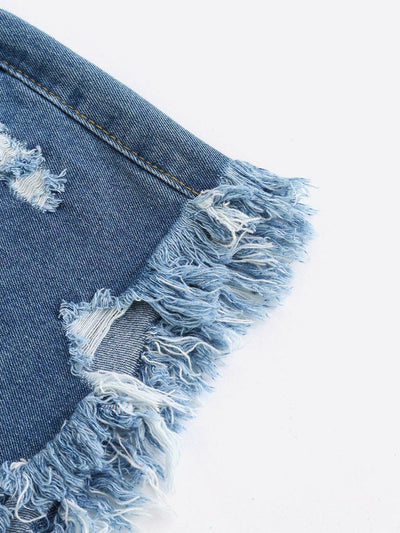 Distressed Fray Hem Denim Shorts-bottom-Des Mess