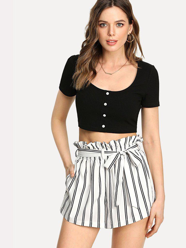 Striped Self Tie Waist Pocket Side Shorts-bottom-Des Mess