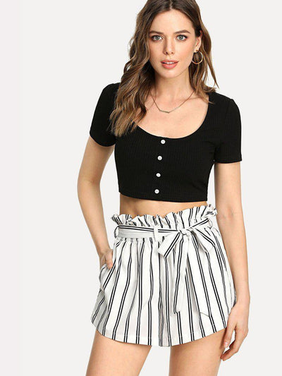 Striped Self Tie Waist Pocket Side Shorts-bottom-Des Mess