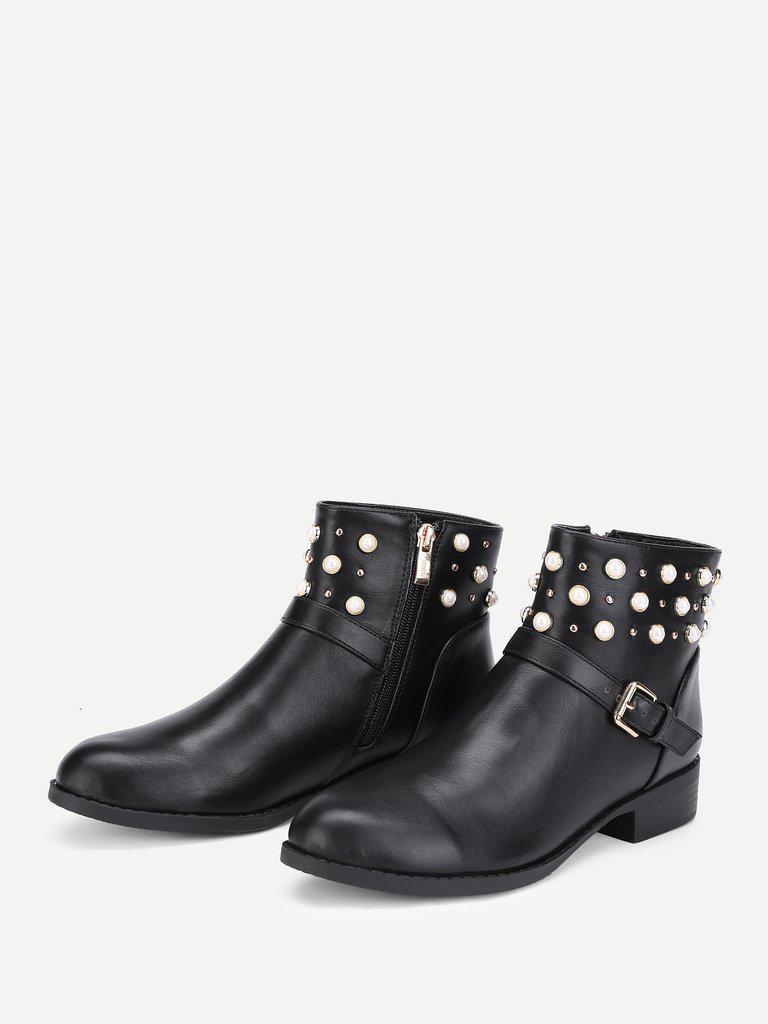 Faux Pearl Detail PU Ankle Boots-shoes-Des Mess