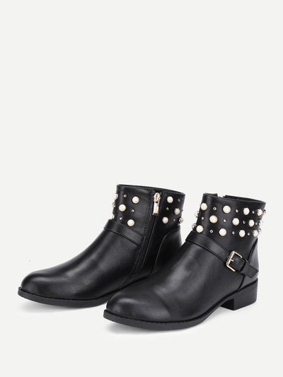 Faux Pearl Detail PU Ankle Boots-shoes-Des Mess
