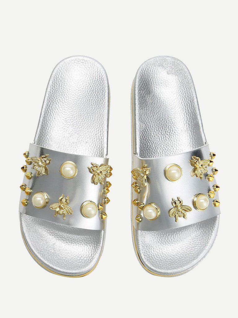 Faux Pearl Decorated Slippers-shoes-Des Mess