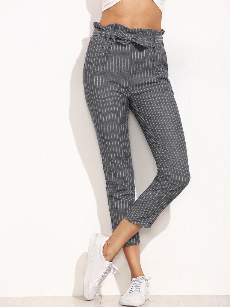 Pinstripe Frill Waist Self Tie Pants-bottom-Des Mess