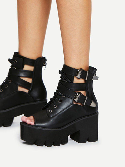 Peep Toe Lace Up PU Wedges-shoes-Des Mess