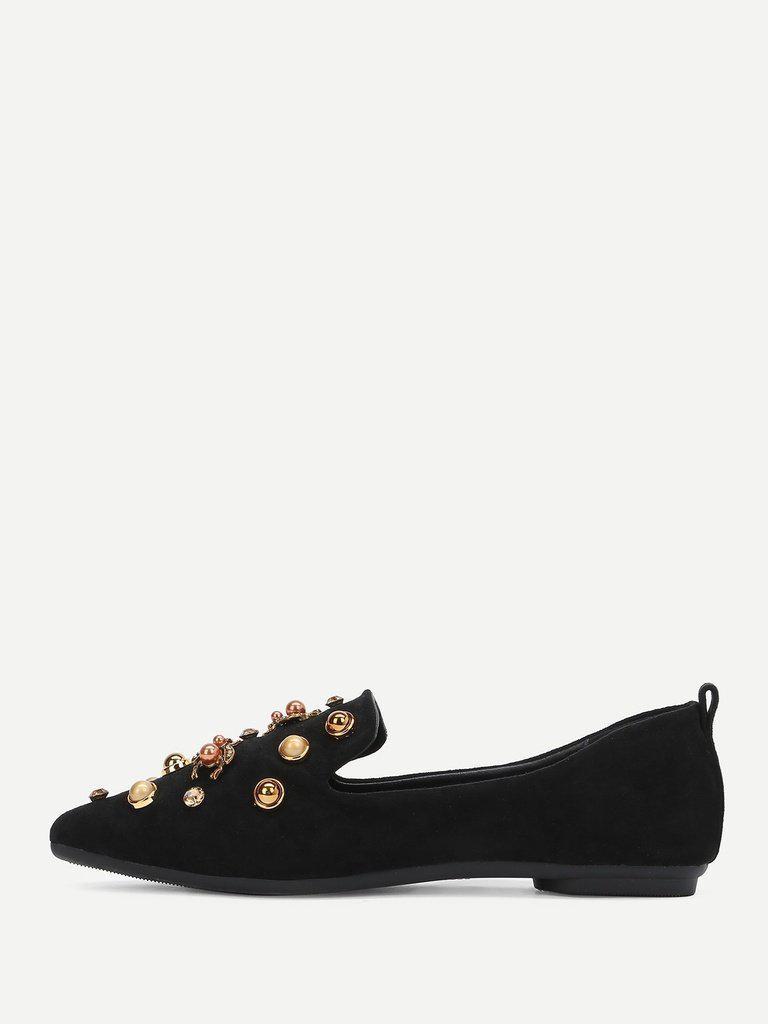 Faux Pearl Decorated Pointed Toe Flats-shoes-Des Mess