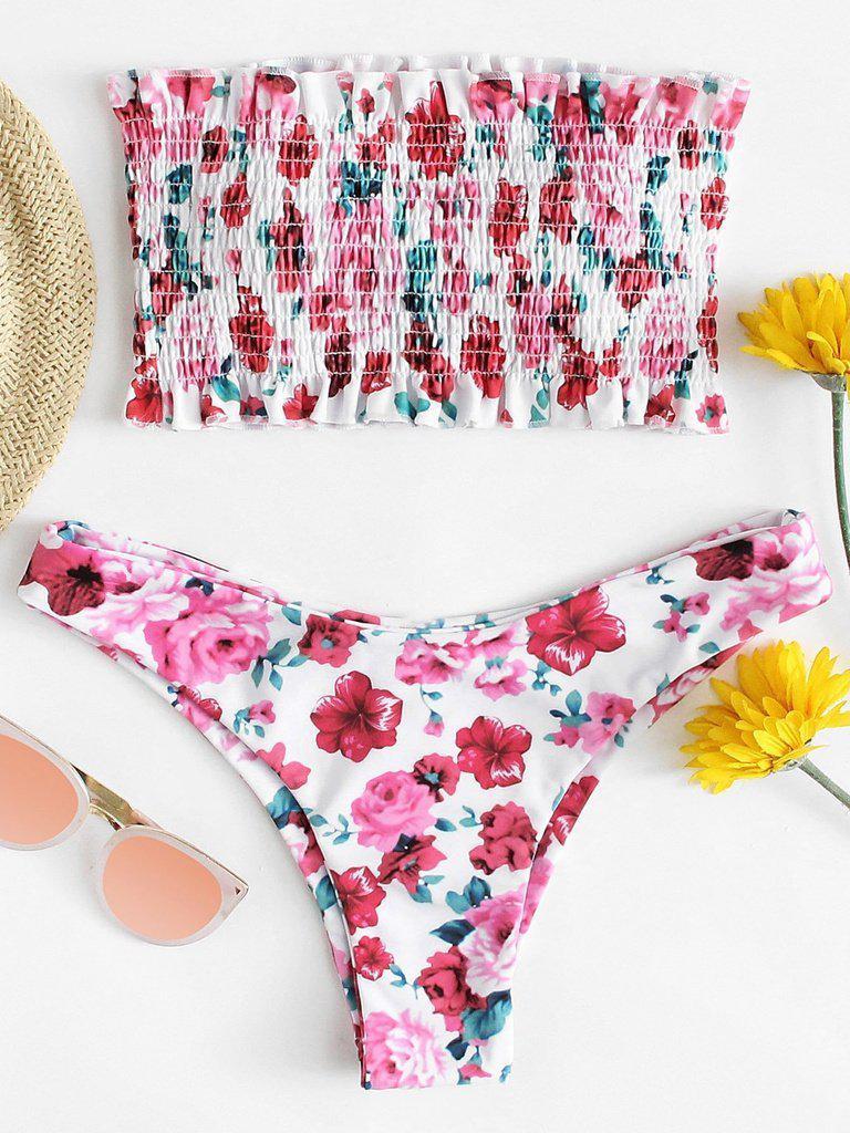Floral Print Frill Trim Shirred Bikini Set-swimwear-Des Mess