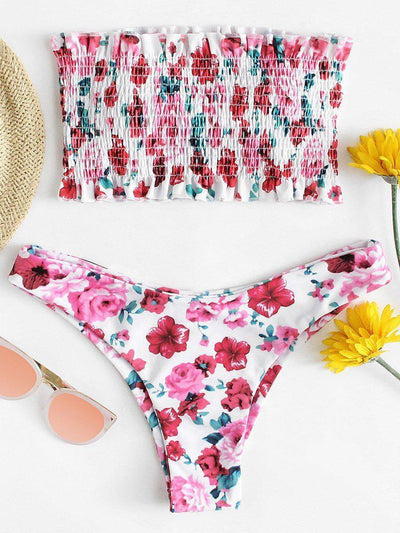 Floral Print Frill Trim Shirred Bikini Set-swimwear-Des Mess