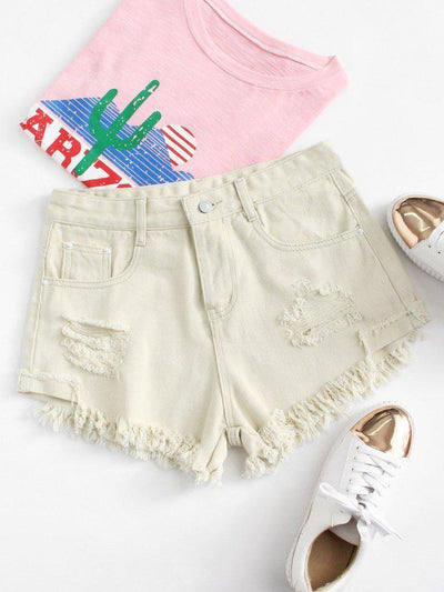 Frayed Hem Ripped Denim Shorts-bottom-Des Mess