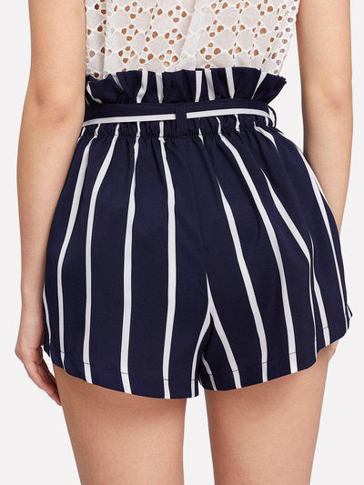 Belted Ruffle Waist Striped Shorts-bottom-Des Mess