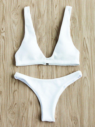 Textured Design Plunge Neck Bikini Set-swimwear-Des Mess