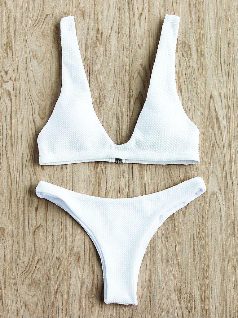 Textured Design Plunge Neck Bikini Set-swimwear-Des Mess