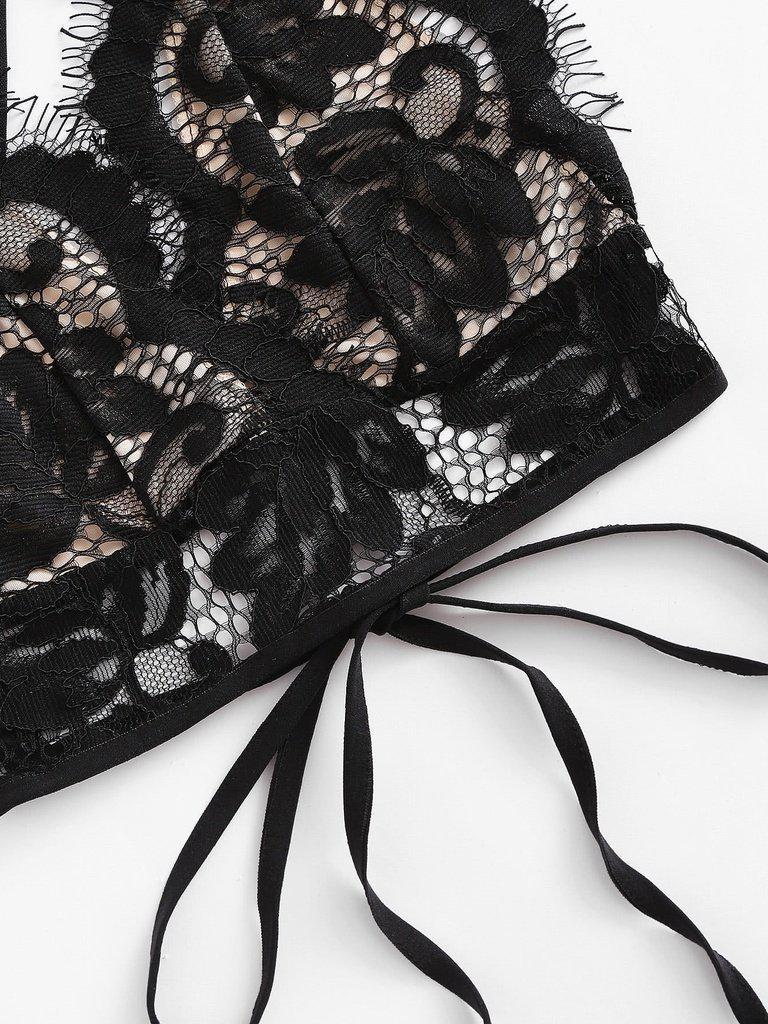 Eyelash Lace Overlay Criss Cross Tie Back Bra-lingerie-Des Mess