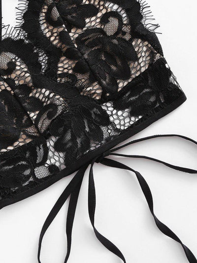 Eyelash Lace Overlay Criss Cross Tie Back Bra-lingerie-Des Mess