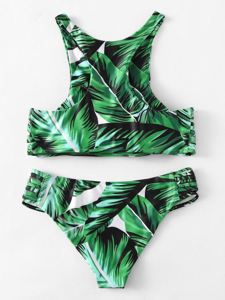 Leaf Print Ladder Cutout Racer Back Tankini-swimwear-Des Mess