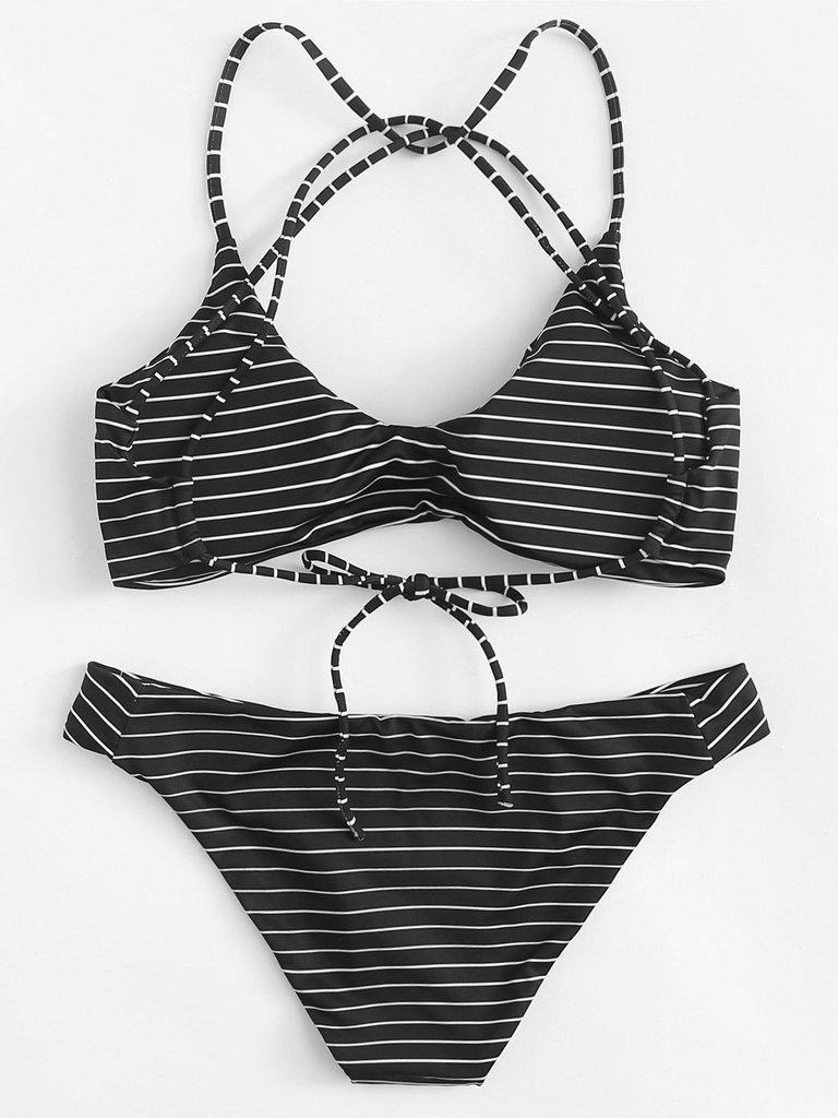 Striped Strappy Bikini Set-swimwear-Des Mess