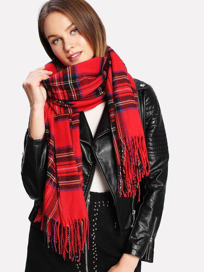 Fringe Trim Plaid Scarf-accessories-Des Mess