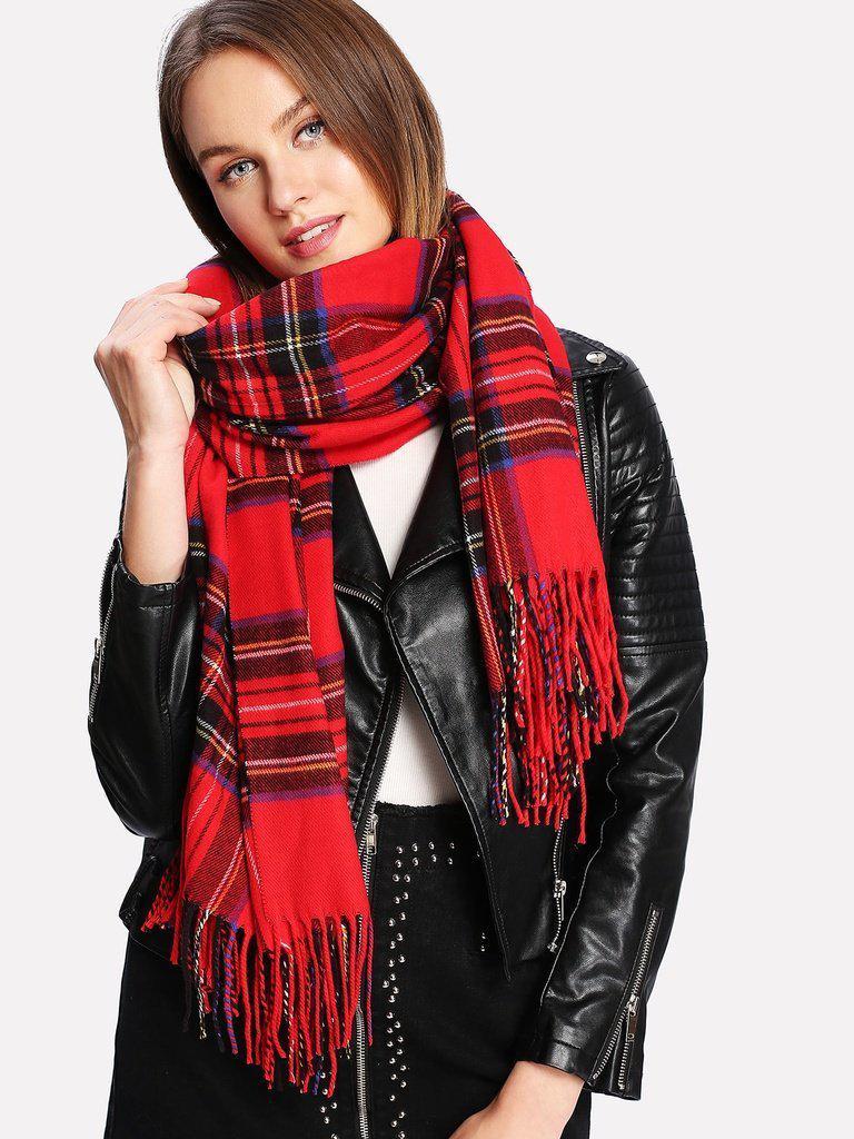 Fringe Trim Plaid Scarf-accessories-Des Mess