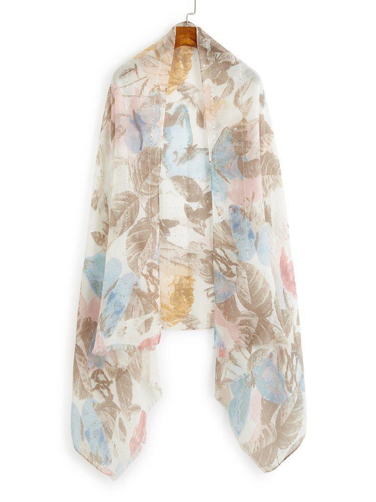 Frayed Trim Leaf Print Scarf-accessories-Des Mess