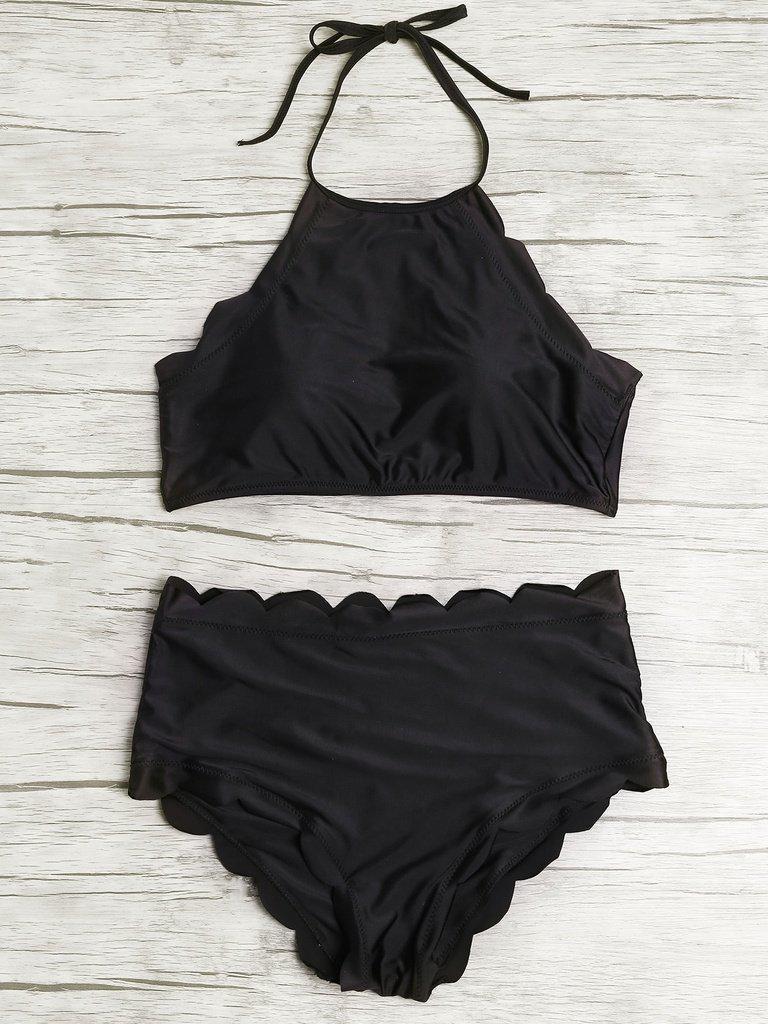Scalloped Trim Halter High Waist Bikini Set--Des Mess