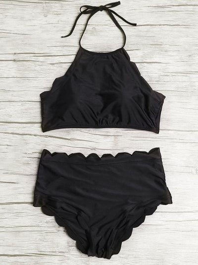 Scalloped Trim Halter High Waist Bikini Set--Des Mess