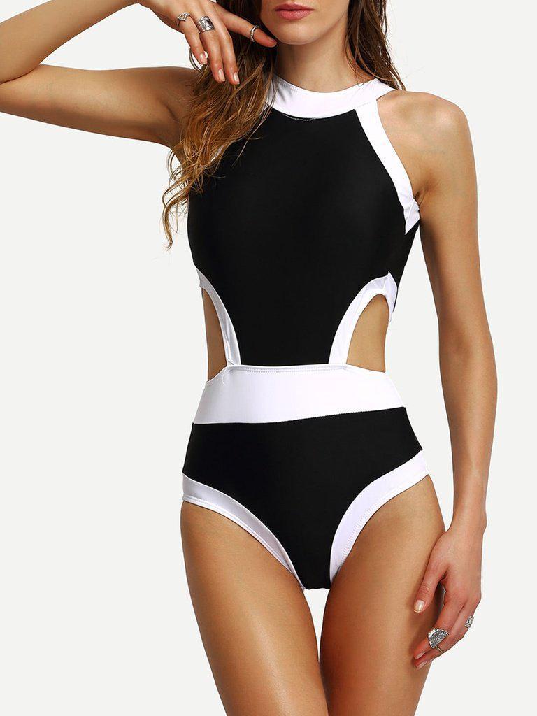 Contrast High Neck Cutout One-Piece Swimwear-swimwear-Des Mess