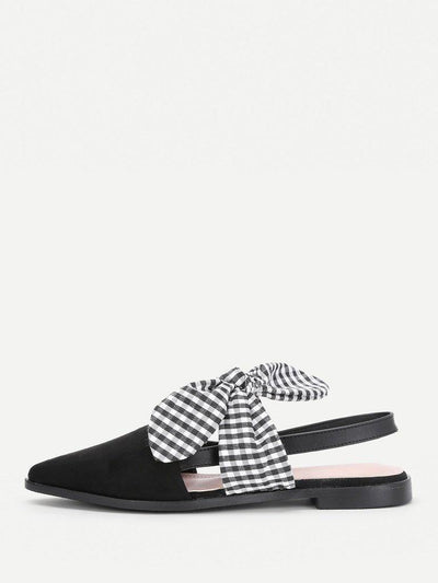 Gingham Bow Tie Decorated Pointed Toe Flats-shoes-Des Mess