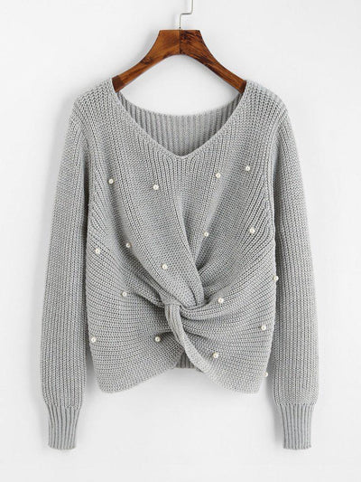 Pearl Beaded Detail Twist Sweater-outerwear-Des Mess