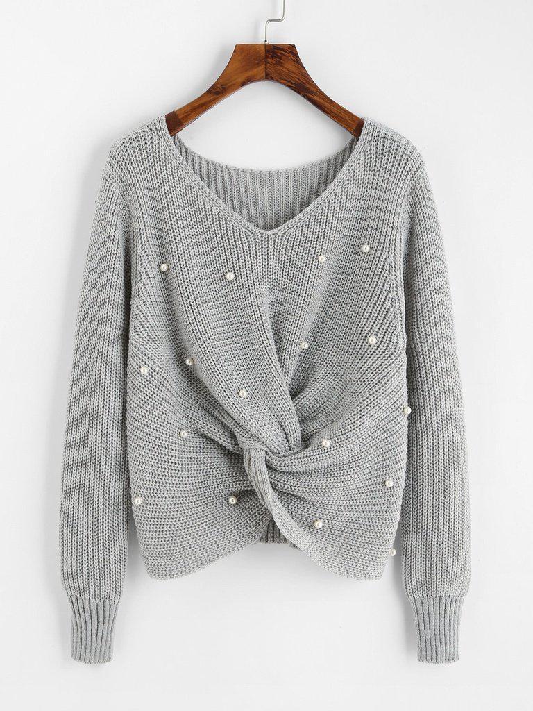 Pearl Beaded Detail Twist Sweater-outerwear-Des Mess