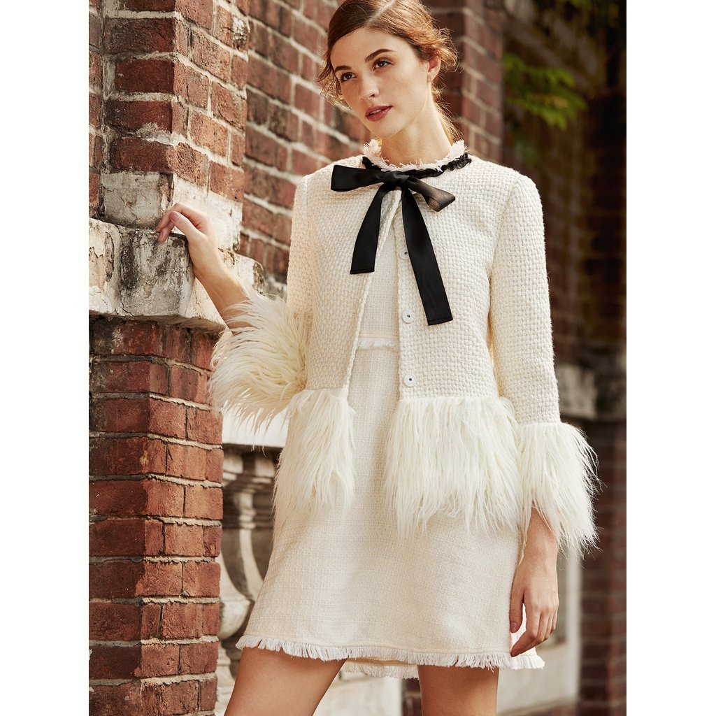 White Faux Fur Trim Tweed Blazer