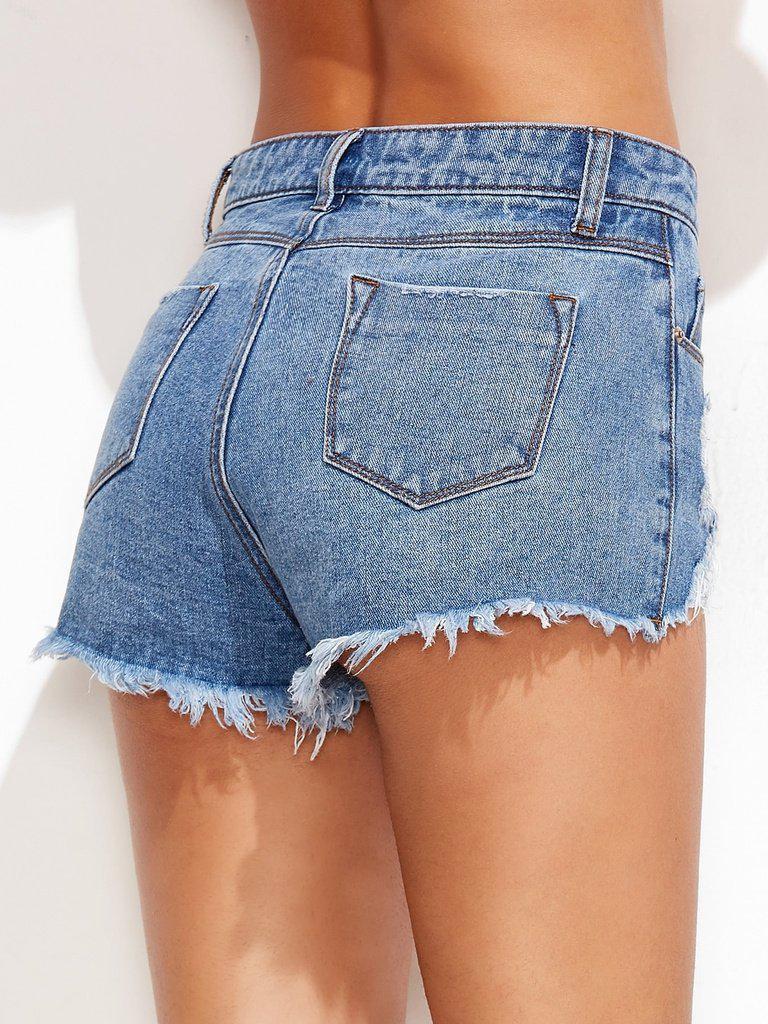 Ripped Frayed Hem Denim Shorts-bottom-Des Mess