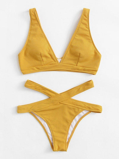 Crisscross Solid Ribbed Knit Bikini Set-swimwear-Des Mess