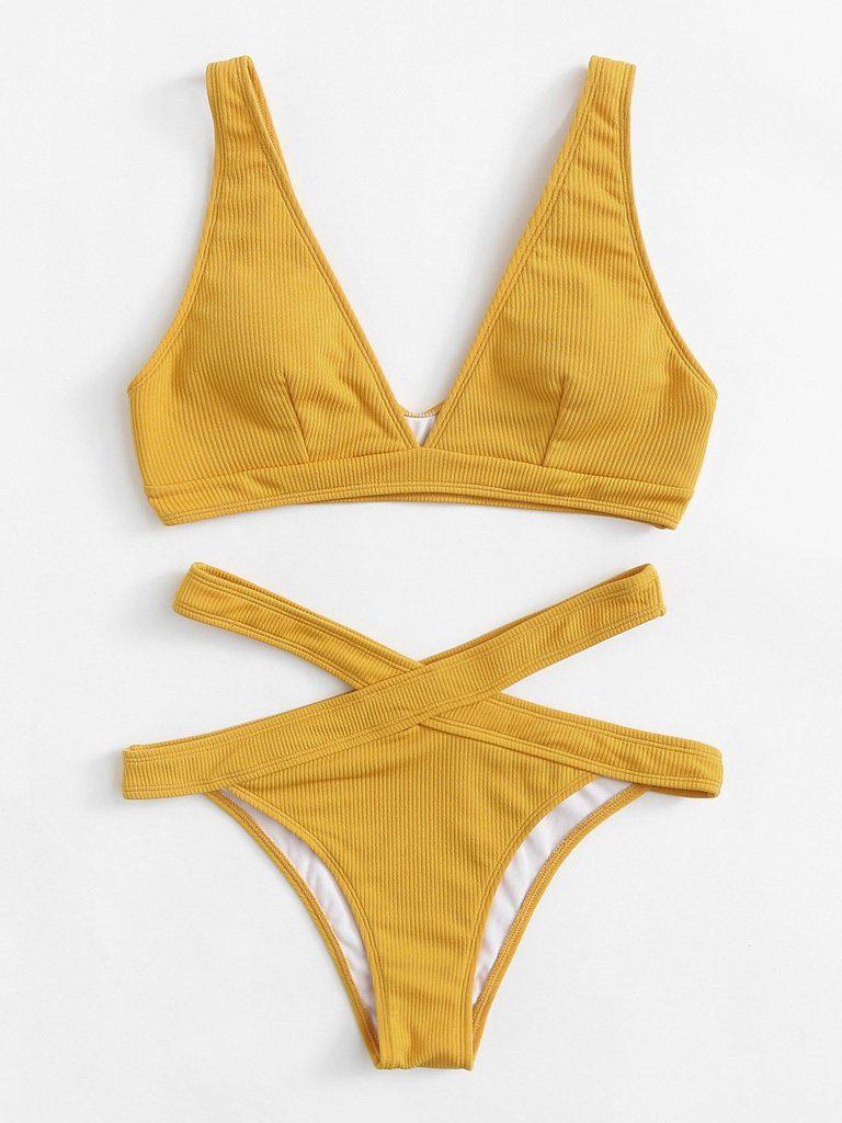 Crisscross Solid Ribbed Knit Bikini Set-swimwear-Des Mess