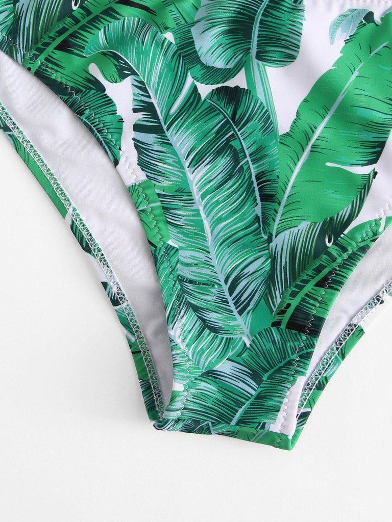 Palm Leaf Print Halter Neck Bikini Set-swimwear-Des Mess