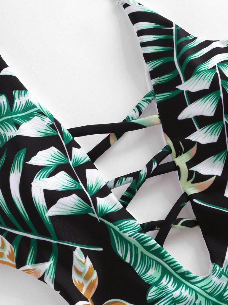 Tropical Print Plunge Neckline Monokini-swimwear-Des Mess