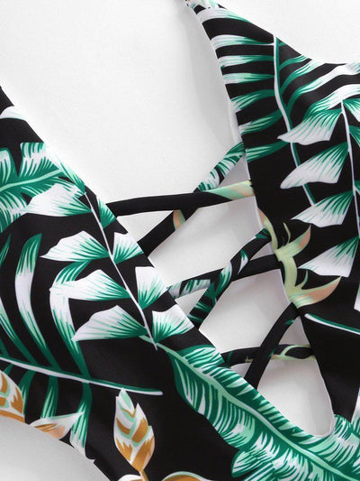 Tropical Print Plunge Neckline Monokini-swimwear-Des Mess