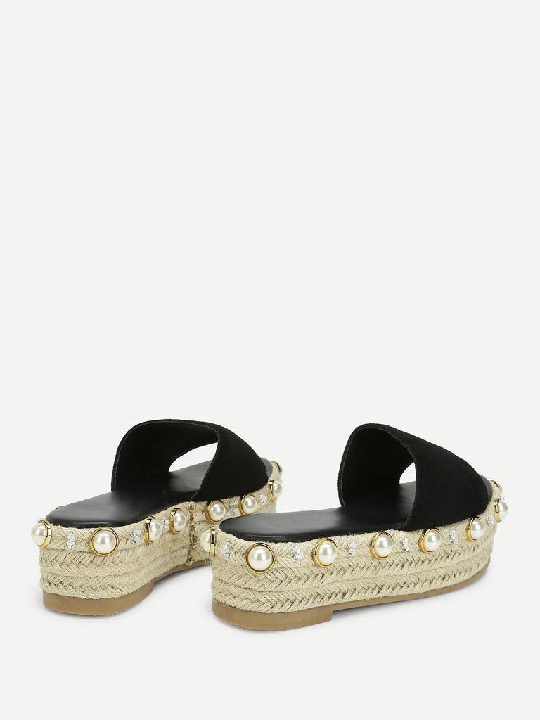 Faux Pearl Detail Espadrille Platform Wedges-shoes-Des Mess