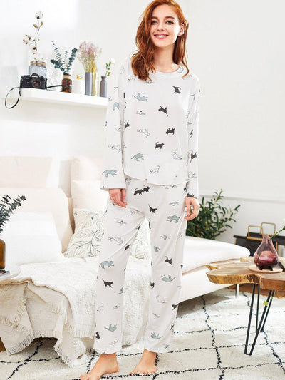 Cat Print Long Pajama Set-loungewear-Des Mess