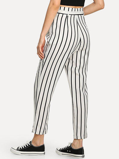 Self Tie Waist Striped Tapered Pants-bottom-Des Mess
