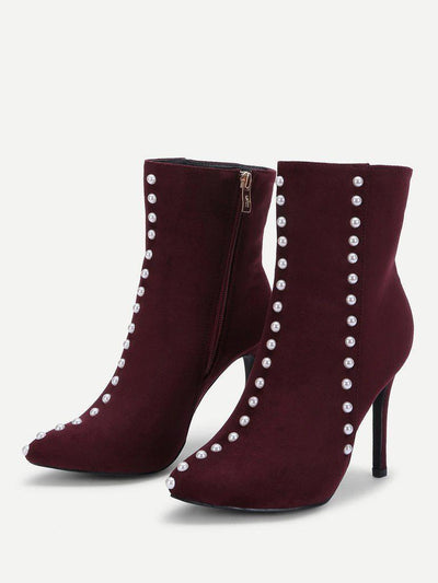 Faux Pearl Decorated Side Zipper Stiletto Boots-shoes-Des Mess