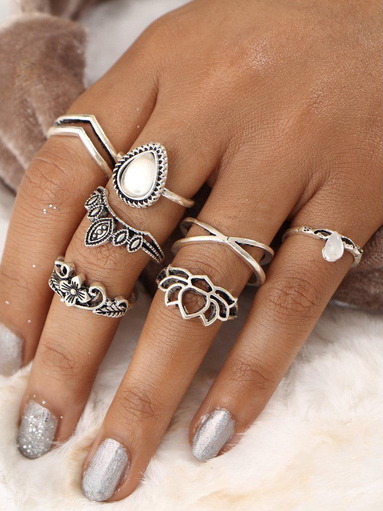 Hollow Flower Design Ring Set 7pcs-jewelry-Des Mess
